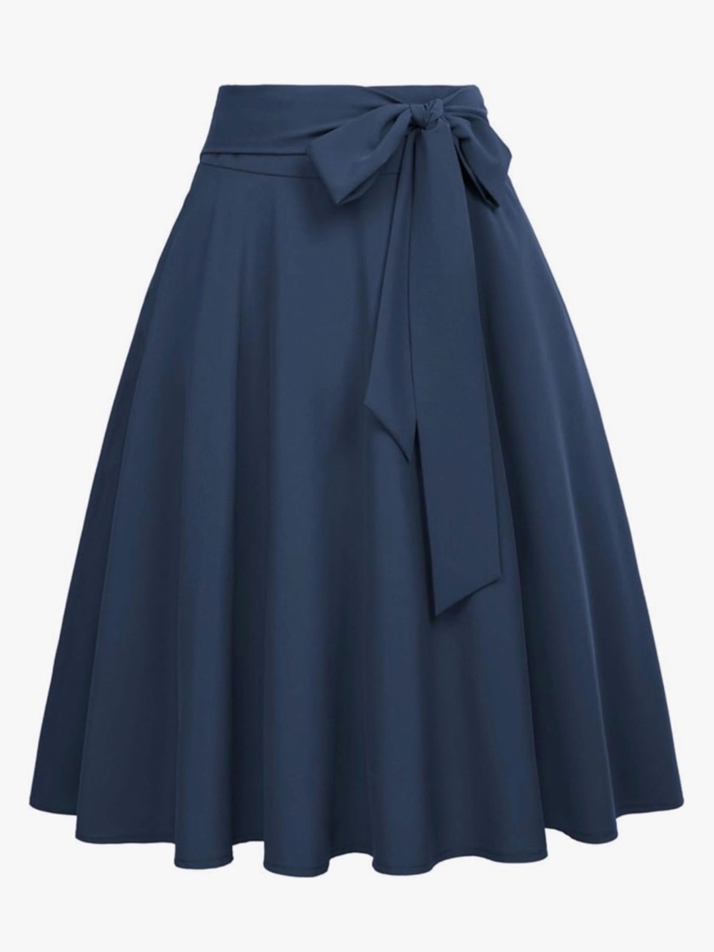 NWT Women's High-Waist Navy A-Line Swing Midi Skirt with Tie Waist Hidden Zip M